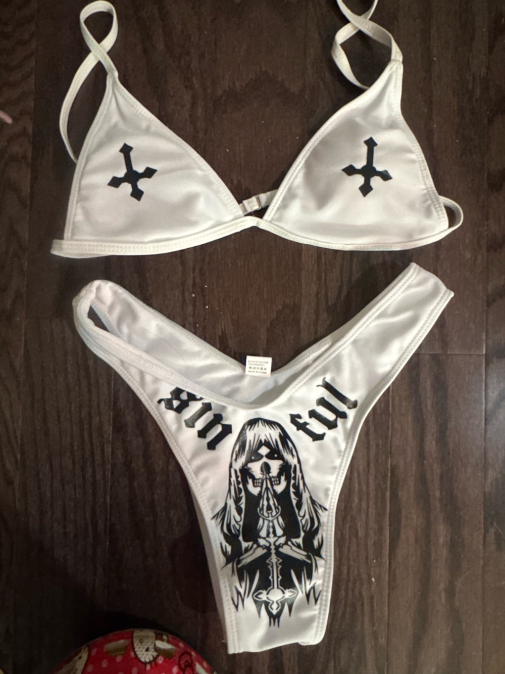 White Graphic Two-Piece Bikini Set with Black Gothic Print